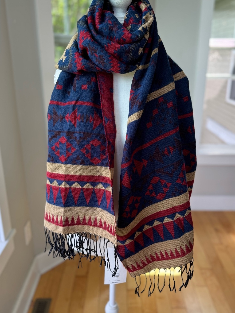 Faded Glory Navy Burgundy Western Fringe Scarf Wrap NEW